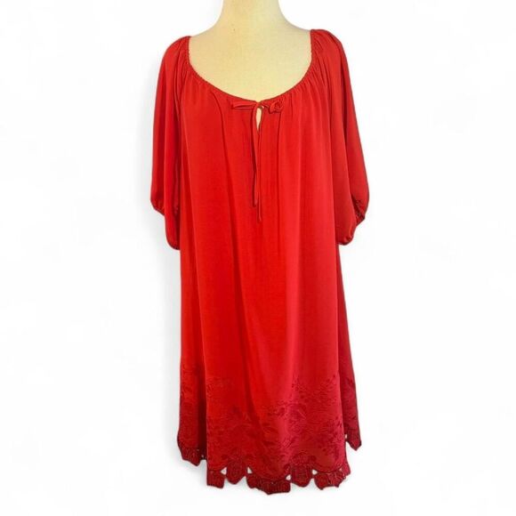 Shargano Dresses & Skirts - Sharagano Orange/Red boho off-the-shoulder sheath dress with embroidered hem 16